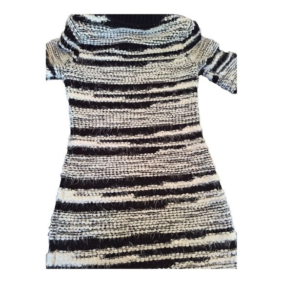 Calvin Klein Sweater Dress Eyelash Chunky Knit Sheath Black White Cowl Neck Sz S - Picture 4 of 12